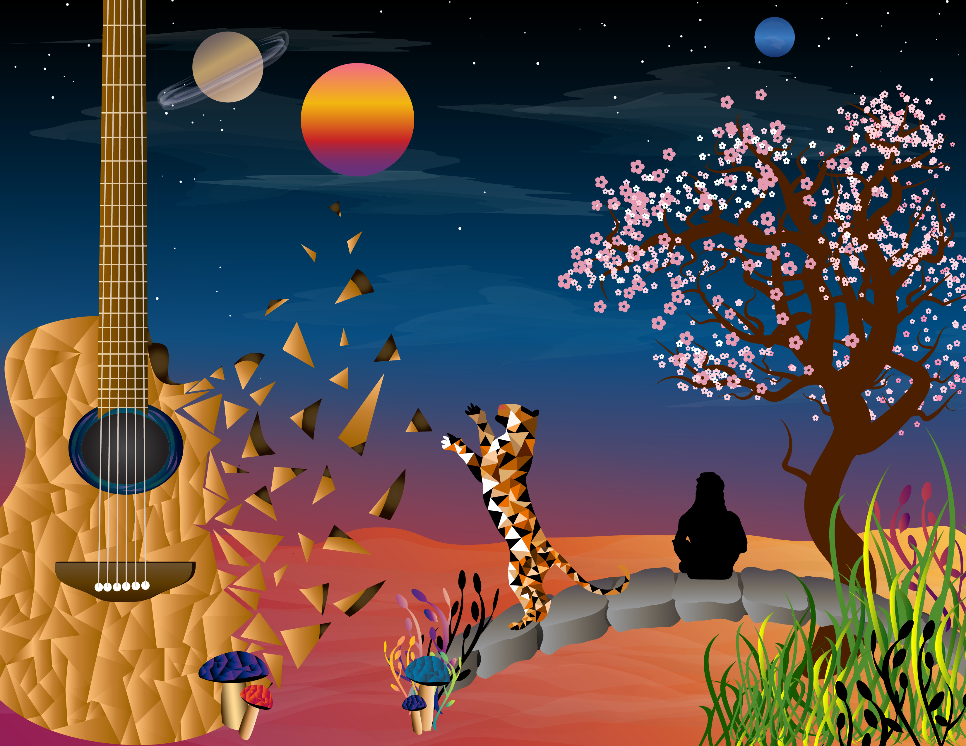 An ethereal, synth wave-inspired sunset scene featuring a fragmented acoustic guitar, an abstract tiger playing with the fragments, a cherry blossom tree and a silhouette of a woman overlooking a starry sky and a series of planets