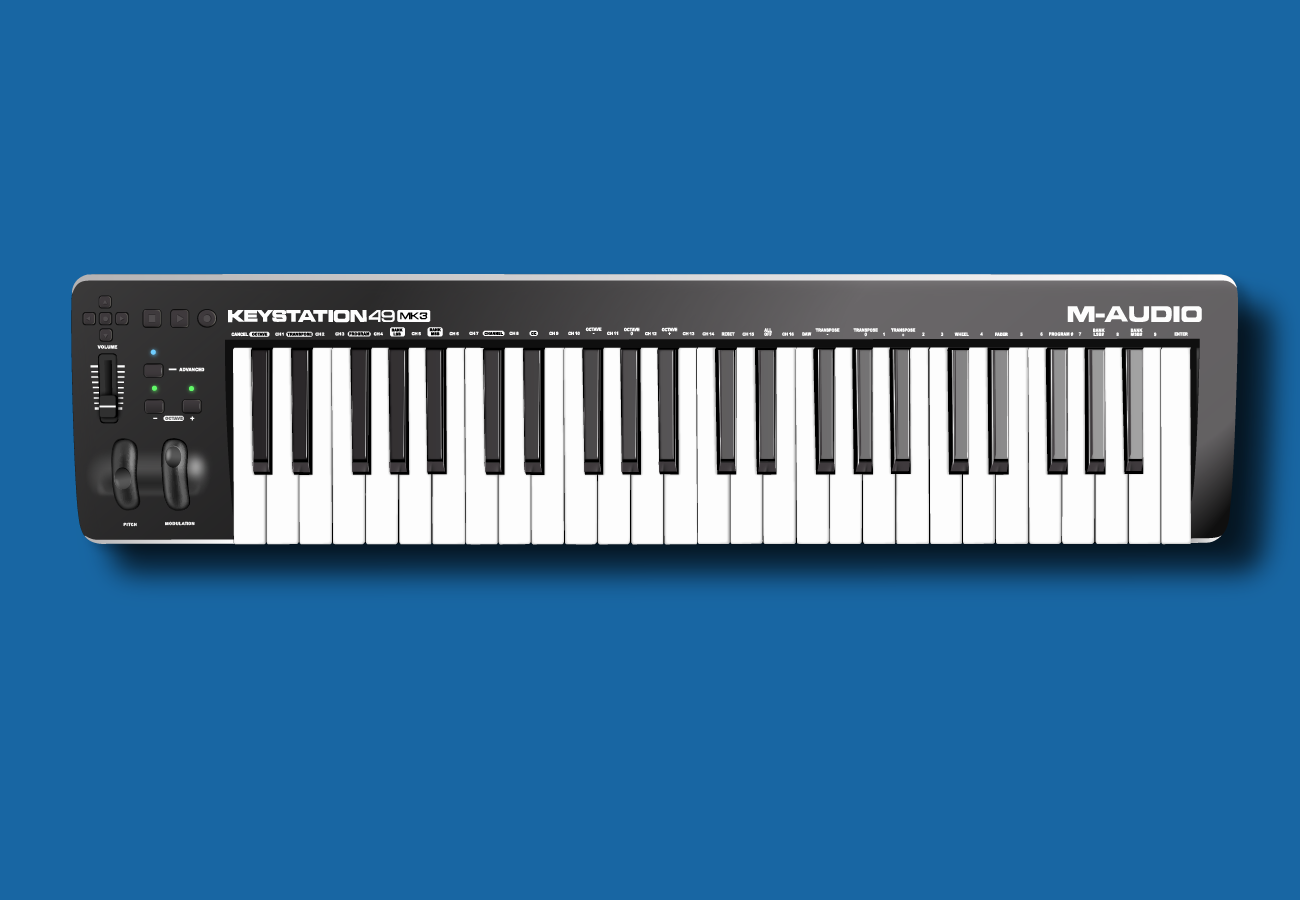 graphic design portfolio artwork of a MIDI keyboard against a solid bold blue background